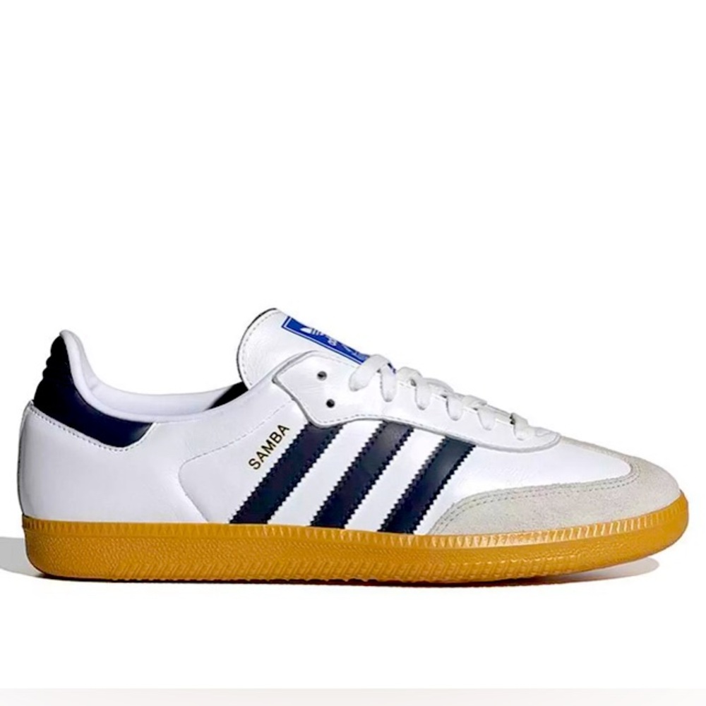 Mens adidas sambas white with navy blue stripes size 9